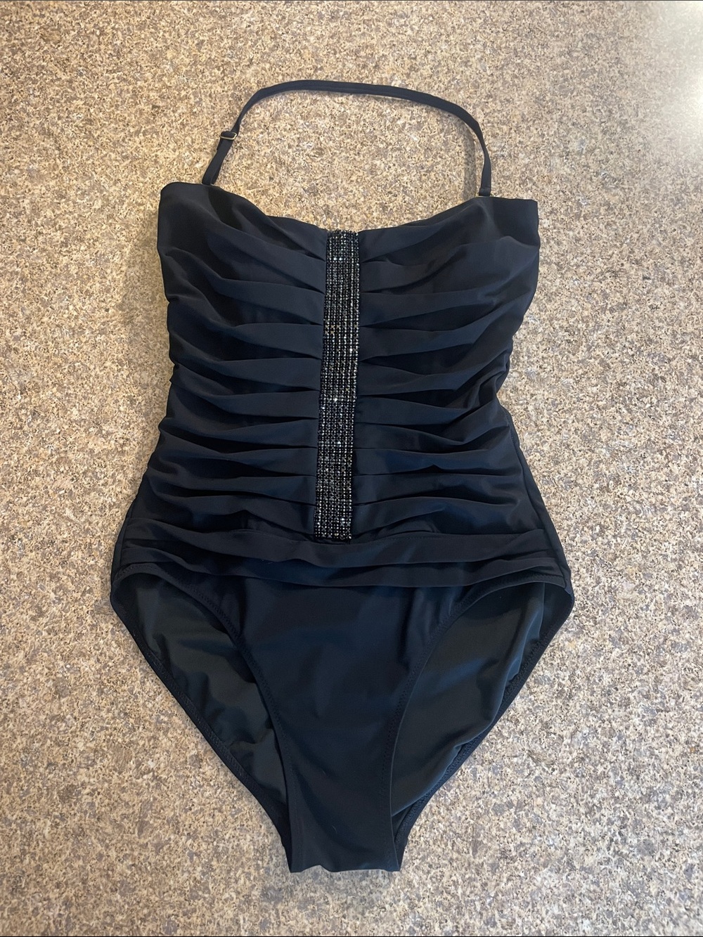 Lea Gottlieb Black Ruched One-Piece Swimsuit with Center Bead Detail